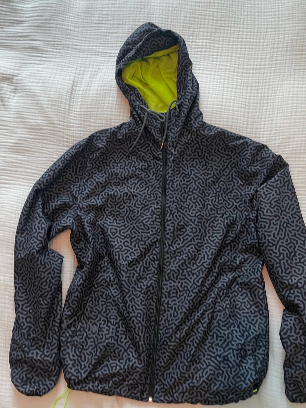 Lightweight Black Patterned Hoodie with Neon Green Lining